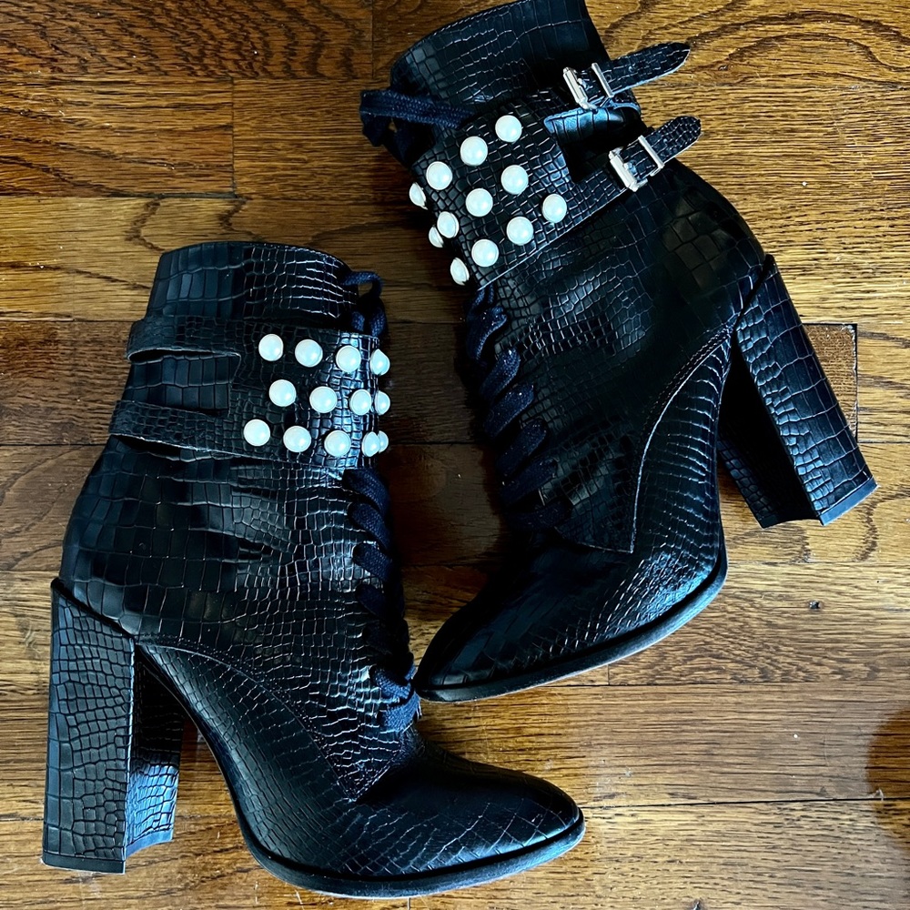 Shutz Black Croc Booties with Pearl Detail